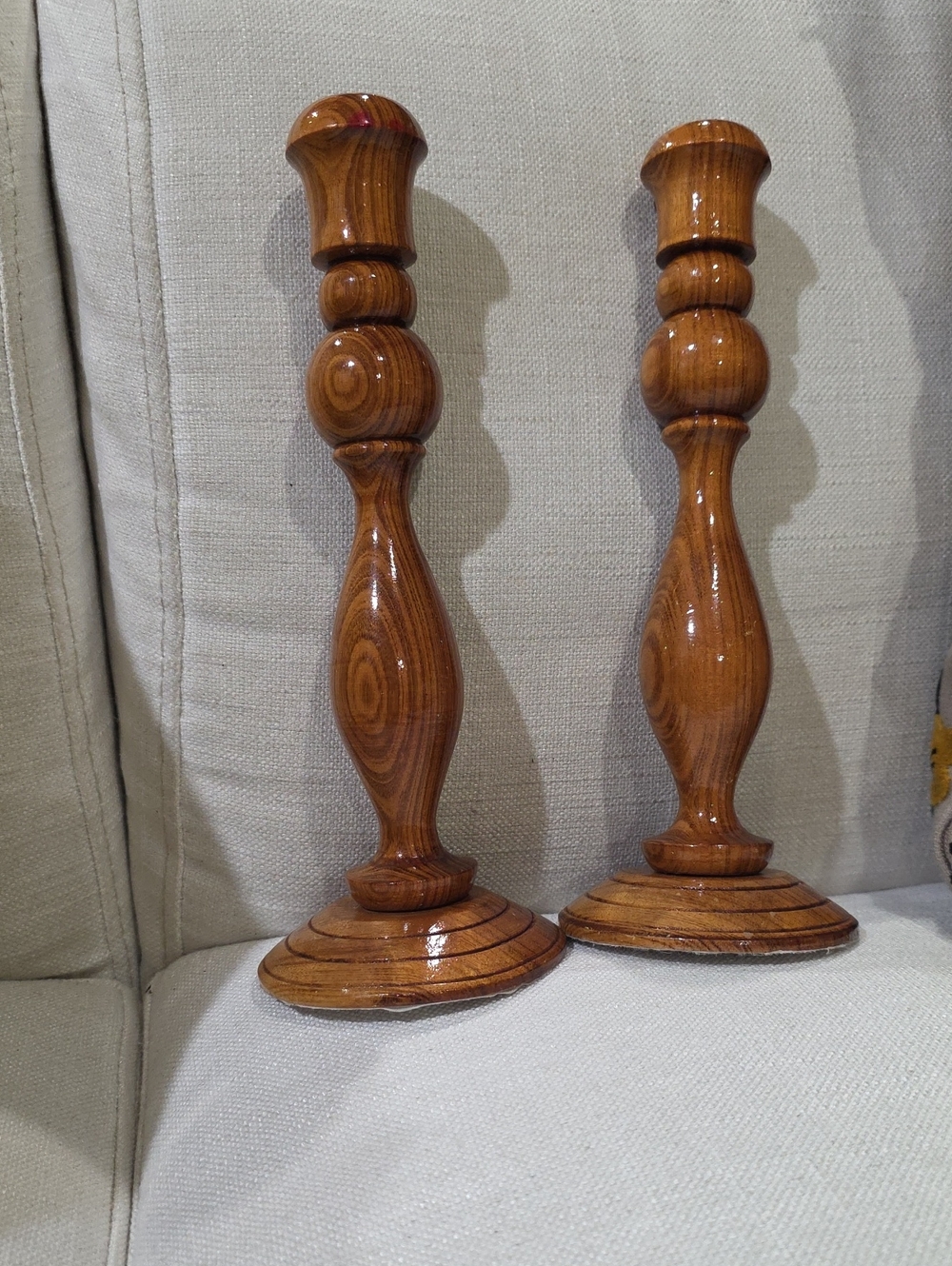 Polished Wood Turned Candlestick Pair - Brown
